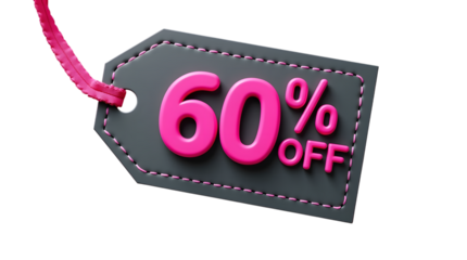A dark gray price tag with a pink border and pink 60 off text isolated on transparent background