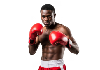 Professional african american boxer with red boxing gloves ready to fight, intense stare, sportsman, athlete, fitness, isolated on transparent background