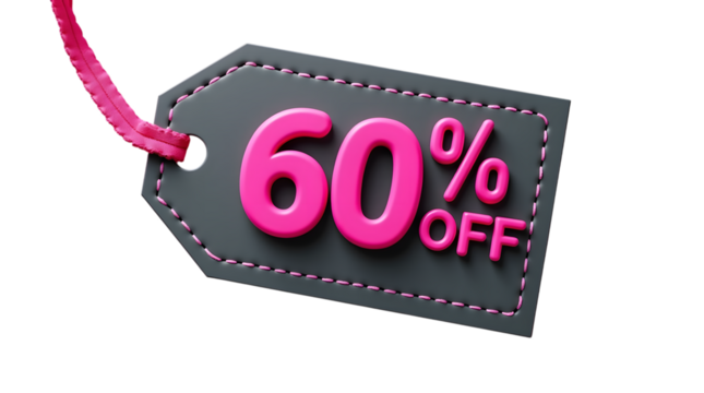 A dark gray price tag with a pink border and pink 60 off text isolated on transparent background