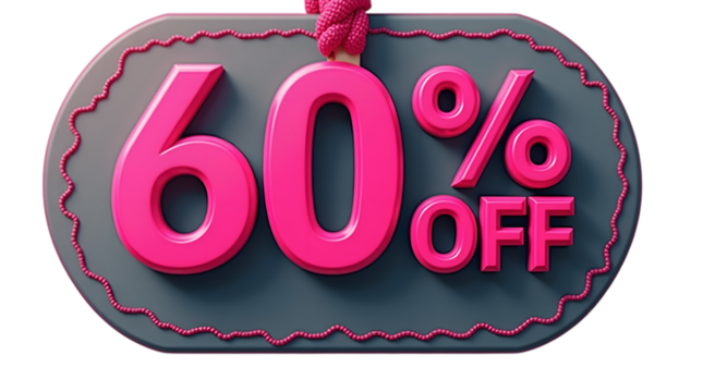 A dark gray oval tag with a pink border and pink 60 off text isolated on transparent background - Powered by Adobe