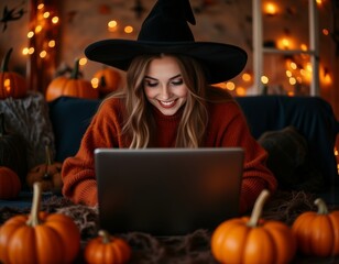 Spellbinding work from home: a young woman in a witch's hat smiles bewitchingly at her laptop embracing the spirit of halloween while working remotely amidst a festive backdrop of glowing pumpkins hal