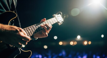 Fototapeta premium Energetic Guitarist's Hands Playing Electric Guitar on Stage, Illuminated by Dramatic Spotlight and Bokeh