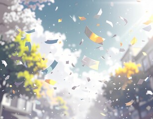 紙吹雪が舞う穏やかな並木道のひととき