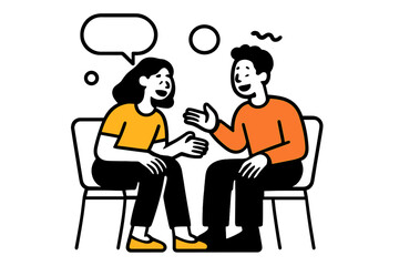 Two people sitting on chairs having a friendly conversation with a speech bubble