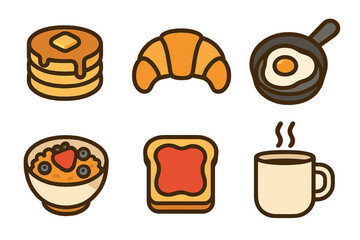 Collection of popular breakfast foods including pancakes, croissant, fried egg, oatmeal, toast, and hot coffee mug