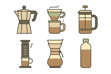 Popular coffee brewing methods and equipment set including French press, Moka pot, and pour over devices