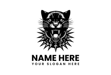 Aggressive black cat snarling with a spiked collar emblem. Monochrome vector tattoo style illustration design