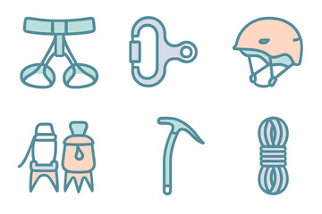 Safety equipment set for climbing and mountaineering including harness helmet carabiner and ice axe