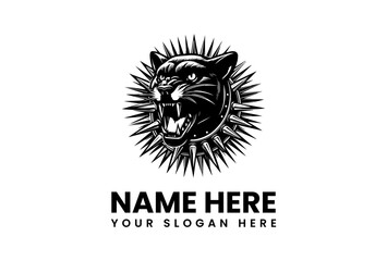 Vector logo of a fierce black panther head roaring with a spiked collar, set in a spiky circular frame for a powerful mascot emblem