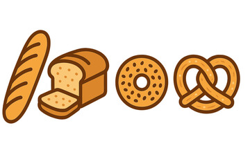 Assortment of baked goods icons including baguette, loaf, bagel, and pretzel