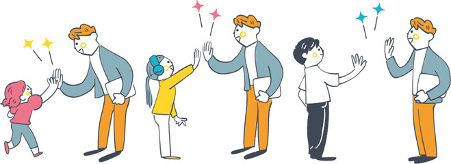 先生とハイタッチする子どもたち　学びの成長を喜び合う瞬間
