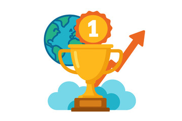 Golden first place trophy with global growth chart and clouds