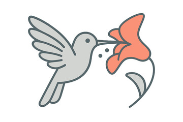 Stylized hummingbird hovering near tropical flower outline icon