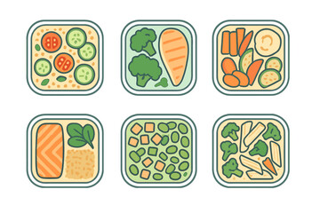 Set of six healthy meal prep containers with balanced portions of protein vegetables and grains