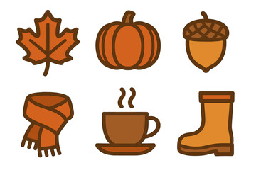 Cozy autumn season icons set featuring pumpkin, maple leaf, acorn, scarf, boot, and hot beverage cup