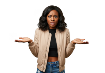 Confused african american woman shrugging shoulders with questioning expression stock photo portrait isolated on transparent background