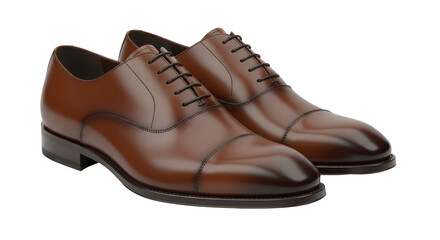 Isolated brown leather oxford shoes stand side by side for formal or business apparel shoot