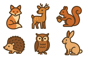 Fototapeta premium Six cute woodland animals set including fox deer squirrel hedgehog owl and rabbit