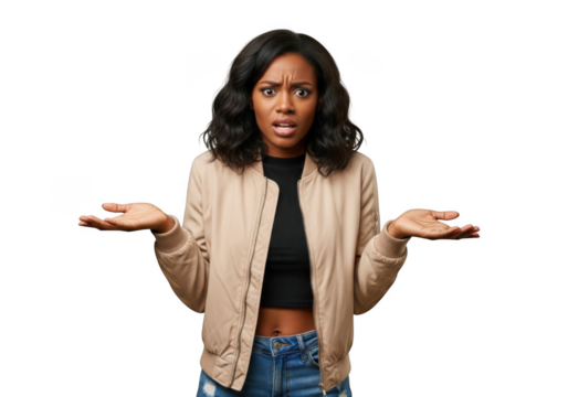 Confused african american woman shrugging shoulders with questioning expression stock photo portrait isolated on transparent background