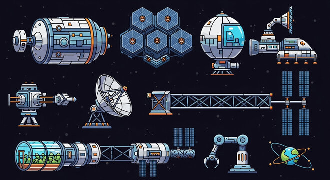 Space station elements vector illustration for game design and space exploration concept art assets pack