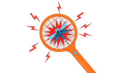 Isolated mosquito zapper with funny cartoon insect in center, electric swatter concept
