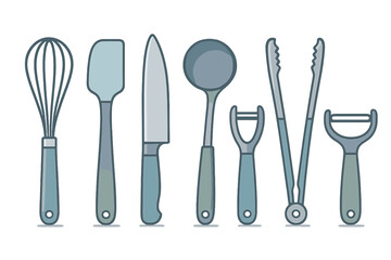 Collection of essential kitchen utensils and cooking tools including whisk spatula knife ladle tongs and peelers