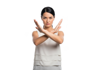 Serious woman gesturing no with crossed arms, rejection, refusal, stop sign, body language, isolated on transparent background