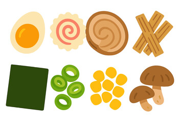 Japanese ramen noodle soup toppings set including egg, pork, fish cake, seaweed, and vegetables