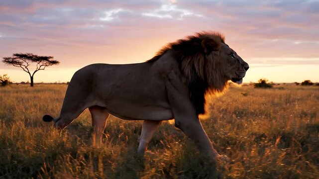 Majestic lion walking through savanna at golden hour