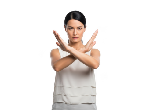 Serious woman gesturing no with crossed arms, rejection, refusal, stop sign, body language, isolated on transparent background
