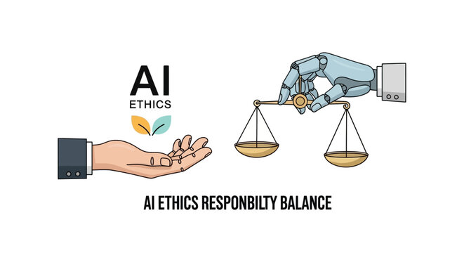 AI ethics responsibility balance, with a hand and robotic arm holding scales.