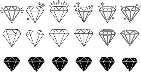 Sparkling diamond icons set representing luxury, value, and precious gems.