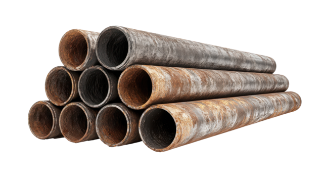 Piled Rusty Metal Pipe: A pile of weathered metal pipes showcase their robust form, the textures revealing a narrative of time and use. Industrial raw materials waiting for work.