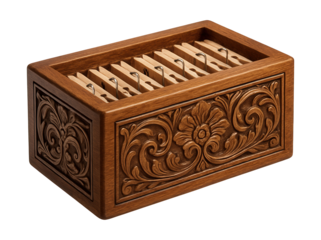 A custom wooden box with carved designs for unique clothespin storage at home.