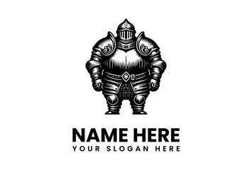 Vintage illustration of a stout knight in full plate armor. A medieval warrior logo concept in a classic black and white style. 182
