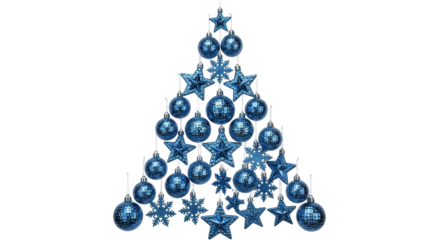 Isolated festive arrangement of blue ornaments forming Christmas tree shape design