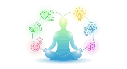 Person meditating surrounded by symbols of health and well-being.