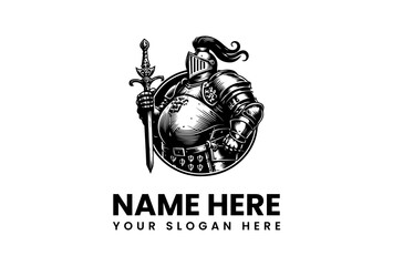 Intricate Armored Knight Warrior Logo Template in Vintage Monochrome Style, Featuring a Medieval Figure Holding a Sword – Ideal for Gaming, Heraldry, or Brand Identity
