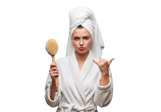 Woman in bathrobe with towel and brush making hand gesture png image for design and illustration isolated on transparent background