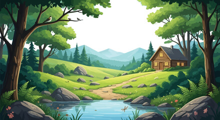 Cozy cabin nestled in a vibrant, lush green valley with a clear blue stream and majestic mountains beyond