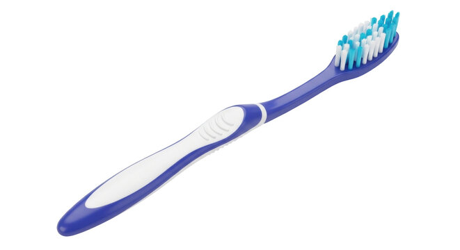 Isolated blue toothbrush with white and turquoise bristles for oral hygiene, close-up shot