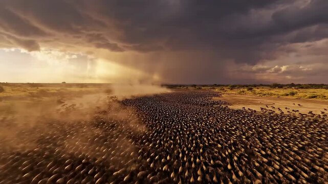 Massive Wildebeest Herd Migrating Through a Dust Storm on African Savanna