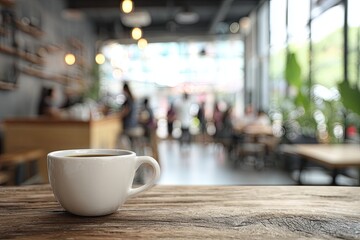 White cup on table Cafe shop Interior Blur people background