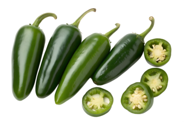 Fresh Green Jalapeño Peppers Whole and Sliced, Showing Their Vibrant Color and Texture, Ready for Culinary Creations and Flavor Enhancement