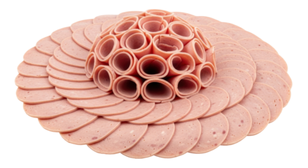 Isolated meat platter, charcuterie board, sliced processed deli bologna meat rolls for party