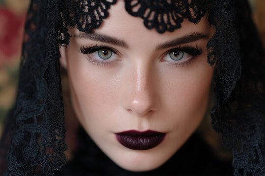 Close up portrait of gothic witch with lace veil and dark makeup in candlelit vintage room