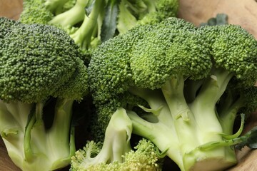 Fresh raw green broccoli in bowl, closeup