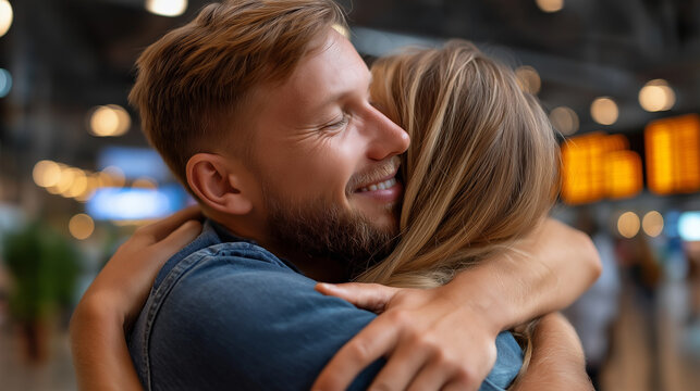 Long-distance friends reuniting at airport, emotional hug, bright terminal light, tears and smiles, joyful reunion, human connection, travel emotions, friendship love, candid story
