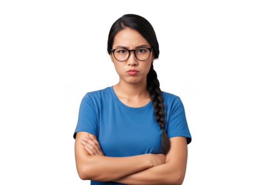 Angry woman with arms crossed wearing glasses and blue shirt png image for design resources isolated on transparent background