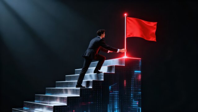 Business success and goal achievement steps Concept. A business professional planting a flag on a futuristic stairway.